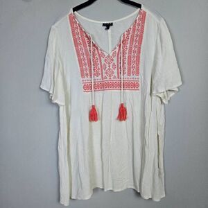 Torrid Womens Embroidered Gauze Top Size 1X White Short Sleeve Boho Hippie Flowy
